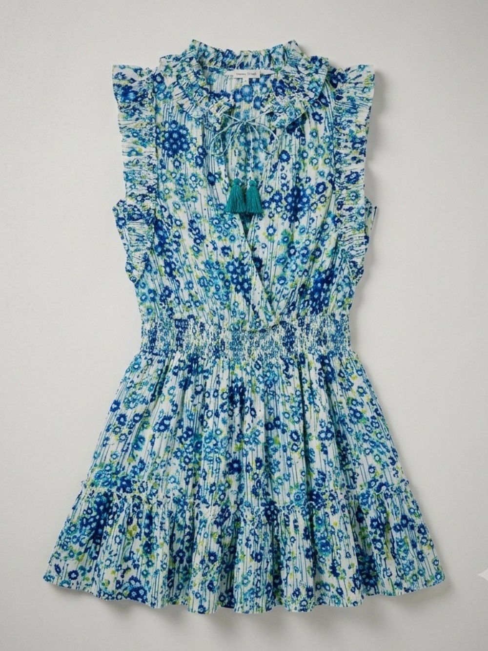 Poupette St Barth Clara Blue Floral Smocked Ruffle Boho Resort Mini Dress M
